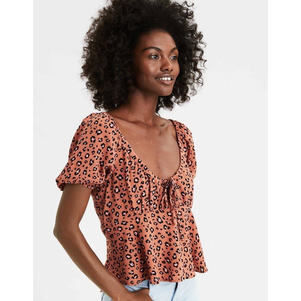 American Eagle Leopard Print Babydoll Top Rust Orange Puff Sleeve Boho Size XS